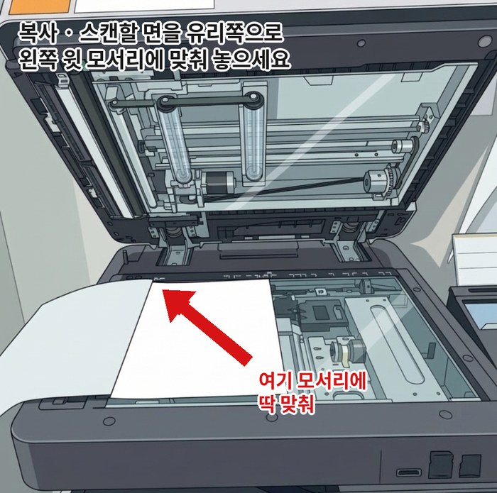 책을 유리평판 왼쪽 윗 모서리에 맞춰 엎어 놓은 모습