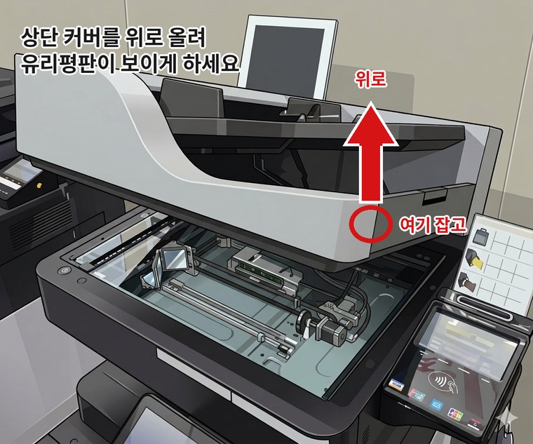 복합기 상단 커버 여는 모습