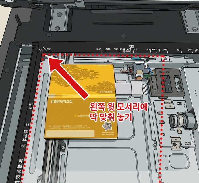 통장을 유리평판 왼쪽 윗 모서리에 맞춰 놓은 모습