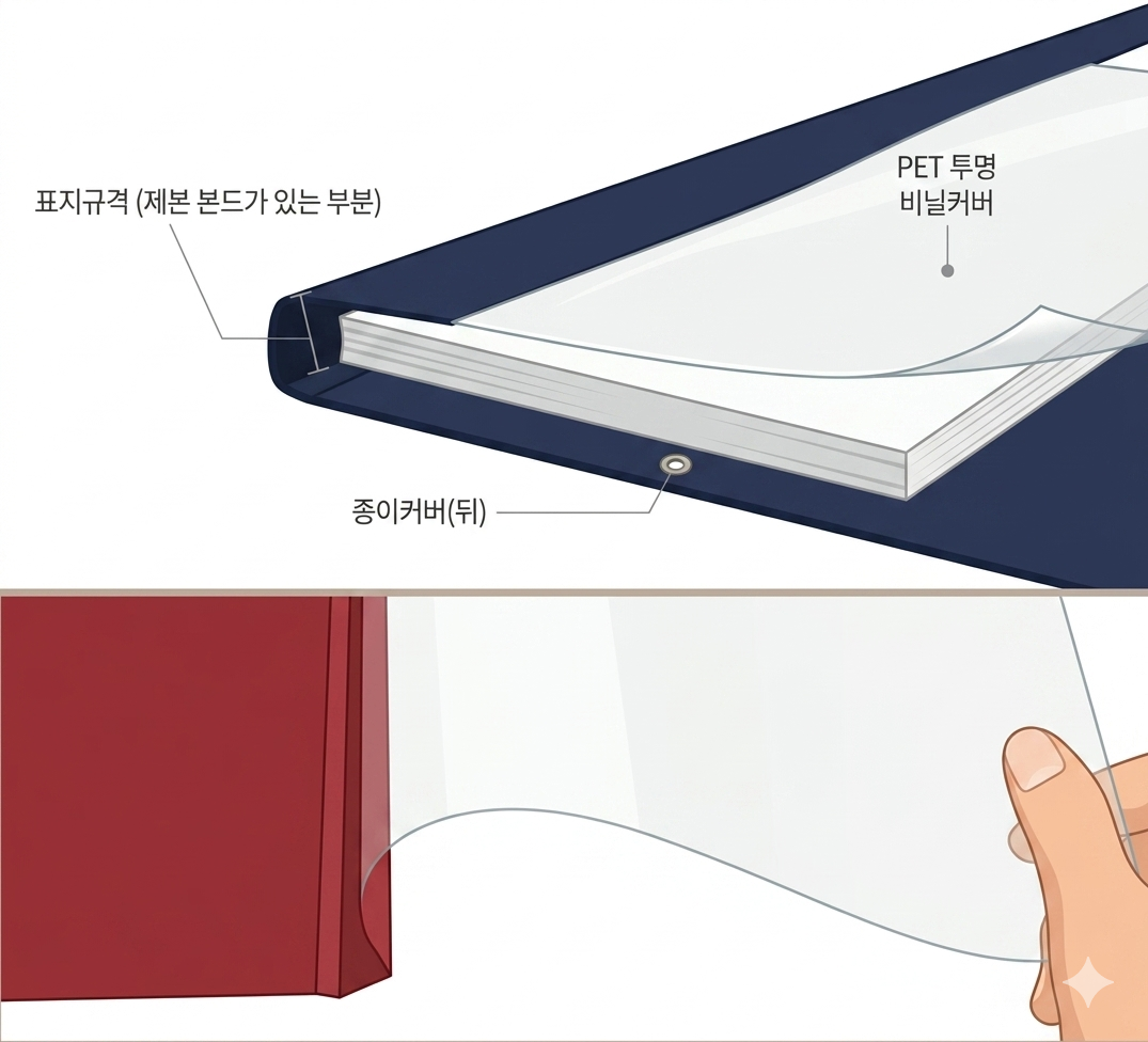 열제본표지 단면 구조 — PET 투명 비닐커버, 종이커버, 표지규격(제본 본드 부분)