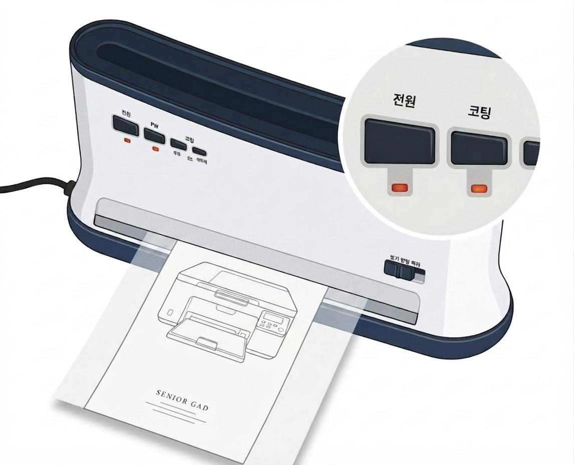 코팅지의 막힌 부분부터 투입구에 수평으로 넣는 모습