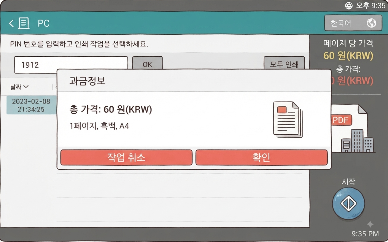 과금정보(총 가격, 페이지 수) 확인 화면