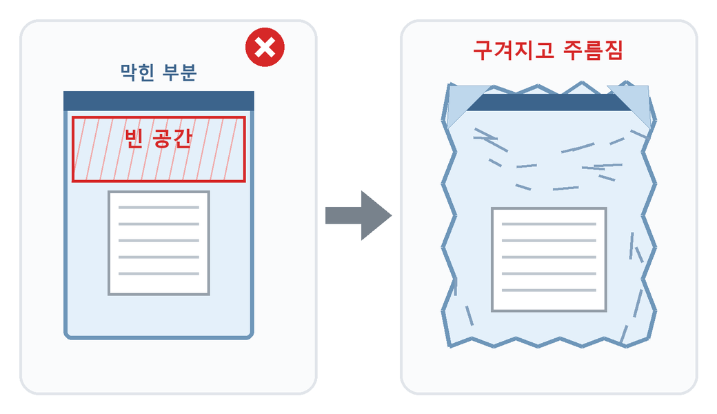 코팅지보다 작은 인쇄물을 넣어 빈 공간이 생기면 코팅지가 코팅기 안에서 구겨지고 주름지는 모습