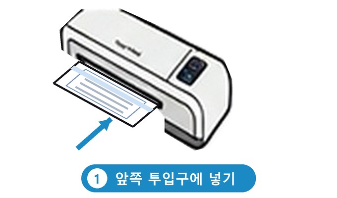 먼저 넣는 코팅지를 코팅기 앞쪽 투입구에 넣는 모습