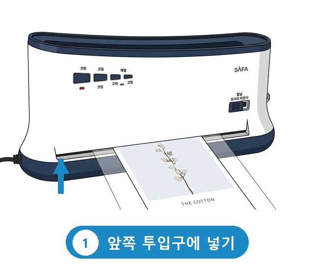 먼저 넣는 코팅지를 SAFA-BM100 앞쪽 투입구에 넣는 모습