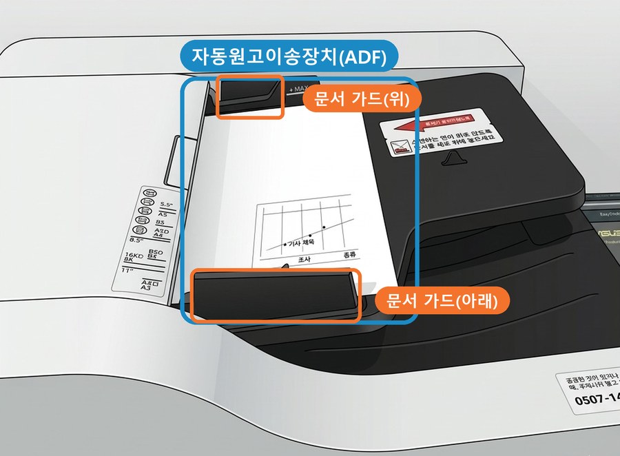 복합기 위쪽 원본 넣는 곳(ADF) — 종이가 올려진 원본 넣는 곳